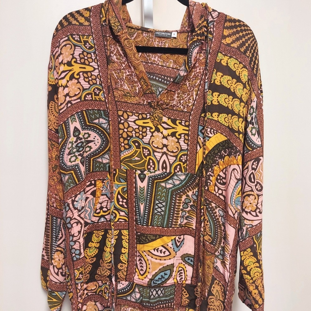 Earthbound Trading Co Patchwork Hoodie Lightweight Long Sleeve Top S Boho Hippie